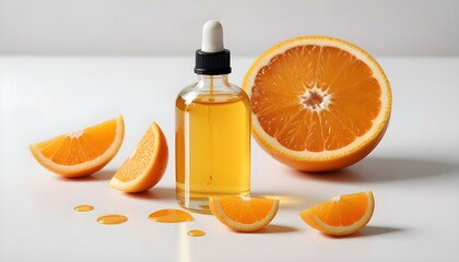 Orange oil in a bottle with a dropper and an orange slice. Natural oils for hair care