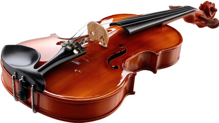 Fototapeta premium Violin on White: A classic violin rests elegantly, showcasing its rich, polished wood and intricate details.