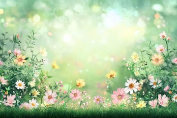 Fototapeta premium Pastel flowers bloom in a meadow bathed in sunlight.