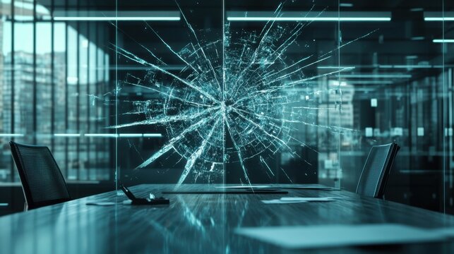 Cracked financial graph overlaying an empty office desk symbolizing economic strain