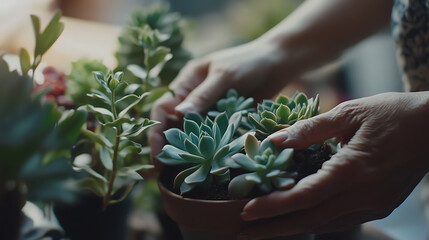 A florist planting succulents in a pot. Featuring nurturing hands and design expertise
