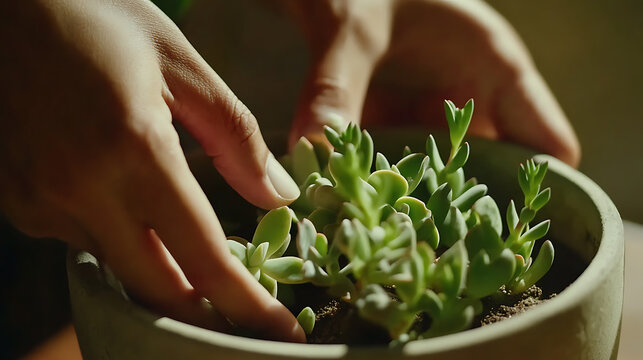 A florist planting succulents in a pot. Featuring nurturing hands and design expertise