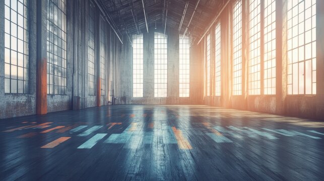Empty factory floor with faded recession graph overlays and financial decline - Powered by Adobe