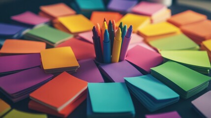 Obraz premium Flashcards arranged in a circle with colorful highlighters inside