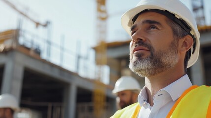 A construction manager overseeing workers at a site. Featuring leadership and oversight