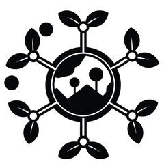 Black and White Nature Logo Design: Circular Icon with Landscape, Plants, and Abstract Elements - Sustainable Business Branding