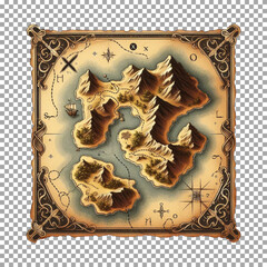 a vintage island map with winding paths and an X marking the spot, Vintage Treasure Map with Ships and Mountains on transparent background, png, psd
