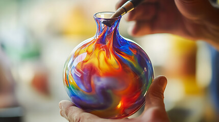 A glass artist blowing a colorful vase. Featuring creativity and dexterity