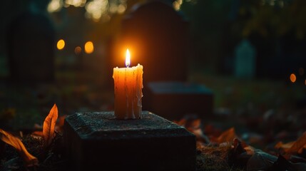 Evocative graveyard scene featuring a lit candle symbolizing remembrance and grief