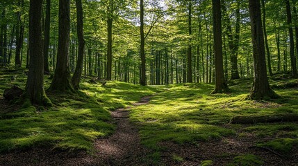 Obraz premium Sunlit Forest Path: A Tranquil Woodland Scene