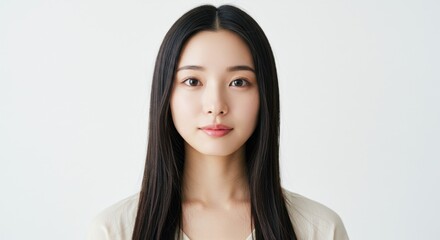 Fototapeta premium 白い背景に隔離されたストレートヘアの若いアジア人女性のポートレート