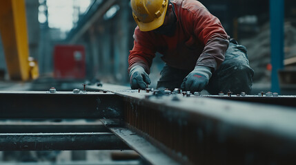 A construction worker tightening bolts on a steel frame at a construction site. Featuring precision and strength