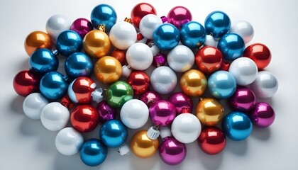 Multicolored Christmas balls on a white background with reflection, isolate