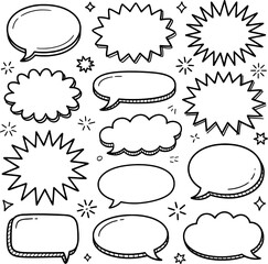 Collection Of Hand Drawn Speech Bubbles And Stars In Doodle Style