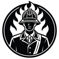 Black and White Firefighter Logo: Vintage Style, Fireman in Helmet, Flames, Circle Design