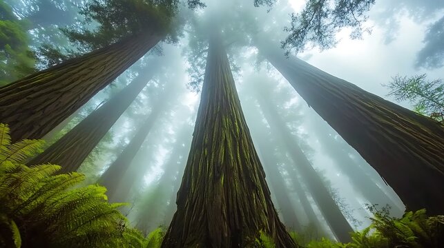 Majestic Redwood Giants in Misty Forest for woodland environment scenic view lush natural photography concept.