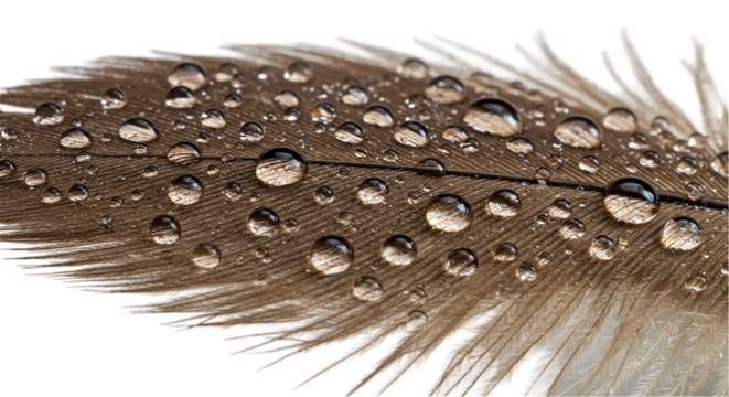 Close up of a feather with water droplets glistening on its surface against a black background