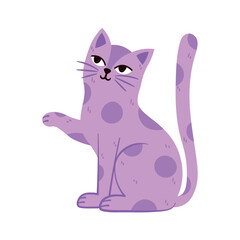 Soft pastel delicate cute purple kitten with a raised paw isolated on transparent background. Trendy modern kitty, kitten in flat style for cards, scrapbooking, stickers.