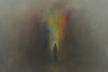 Misty path leads a solitary figure toward an ethereal light.