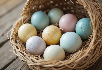 Pastel Easter Eggs Nestled in a Rustic Woven Basket