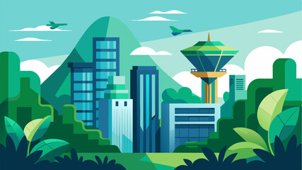 The eVTOLs zip past ecofriendly buildings with large glass windows showcasing the stunning views of the rainforest and the bustling city below.. Vector illustration