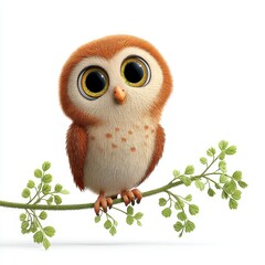 Obraz premium Adorable Brown Cartoon Owl Perched on Green Branch Against White Background