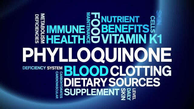 Phylloquinone Vitamin K1 animated word cloud;text design animation tag kinetic typography seamless loop.