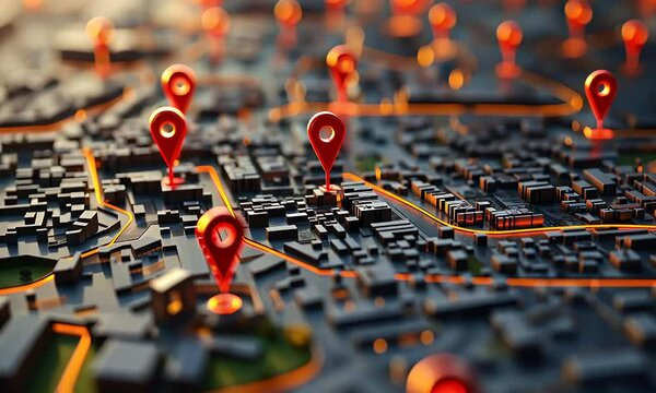 Futuristic digital map interface showing glowing GPS location markers on a city grid, representing advanced navigation, tracking, and geolocation tech.