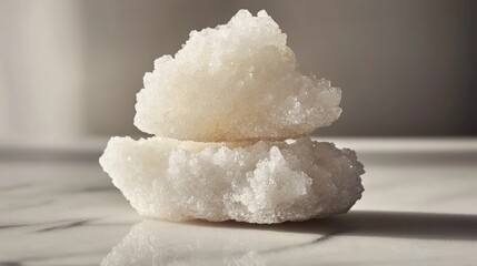 Stacked white crystals on a marble surface