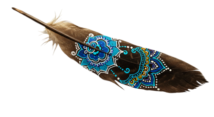 A feather decorated with blue and yellow mandala designs on a black background in a horizontal view