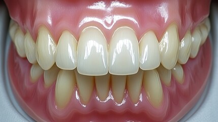 Obraz premium Close-up view of realistic pink gum surfaces on a full set of dentures resting on a clean dental tray