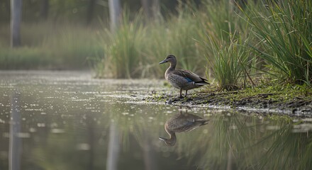 Wild Duck by the Calm Waterside at Sunrise