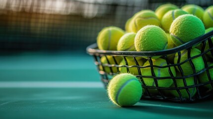 Tennis balls in a basket on a court (1)