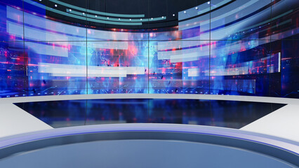 3D Virtual TV Studio News, Backdrop For TV Shows .TV On Wall.3D Virtual News Studio Background,3d illustration