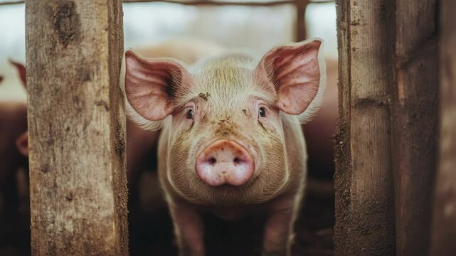 Funny cute adorable piglet, open field. Dirty pig snout. Rural farm setting. Farming, animal love, care, country life. Pork production, hog raising, breeding of domestic pigs as livestock, husbandry.