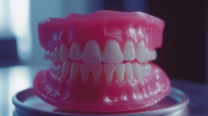 Obraz premium Macro composition highlighting clean dental aesthetics of gum surface on denture set over tray