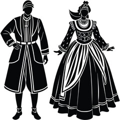 Silhouette Illustration: Elegant Renaissance Couple in Period Costumes, Black and White