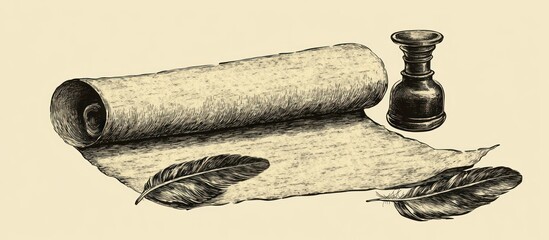 Ancient stationery composition: Rolled manuscript, inkwell and avian feathers