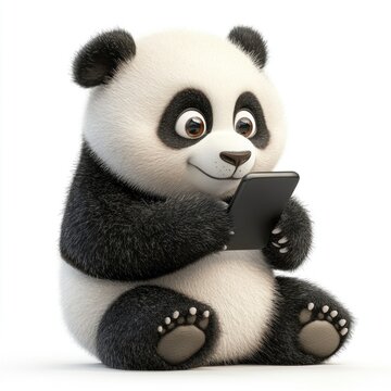 cute cartoon panda using a mobile isolated on white background 