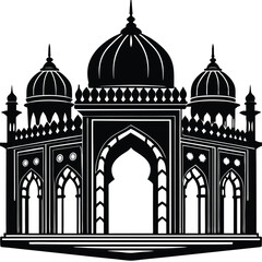 Black and White Silhouette of an Indian Temple with Domes and Arches Design