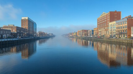 Obraz premium Reflective City River on a Misty Winter Morning