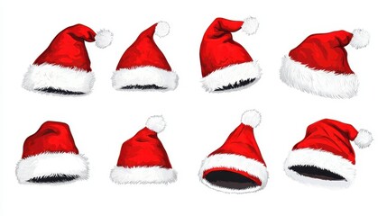 A vibrant collection of Santa Claus hats, featuring classic red fabric with white fluffy trim. Each hat varies slightly in size and style, perfect for festive holiday celebrations.