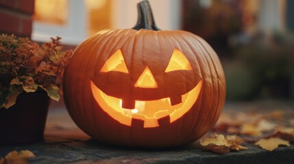 Fototapeta premium Lighted Carved Pumpkin on Porch Steps at Night