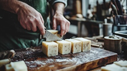 Artisan crafting soaps with a rustic knife, creating homemade wellness product