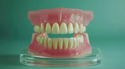 Fototapeta premium Transparent dental tray showcasing precision-crafted denture set with lifelike pink gums