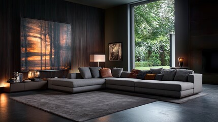 Fototapeta premium Modern sectional sofa in dark living room with large window view
