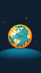 Fototapeta premium A stylized flat art icon depicts a cracked and burning Earth globe surrounded by space stars symbolizing global warming and climate change effects on our planet.