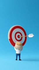 Cartoonstyle trainer throwing success dart at bullseye target, performance coaching metaphor, 3D illustration