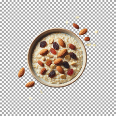 A bowl of oatmeal topped with a variety of nuts and raisins, Nutritious Oatmeal with Almonds and Raisins Topping on transparent background, png, psd
