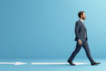 Obraz premium Executive coach cartoon in motion, walking across arrows of success and business direction, 3D illustration